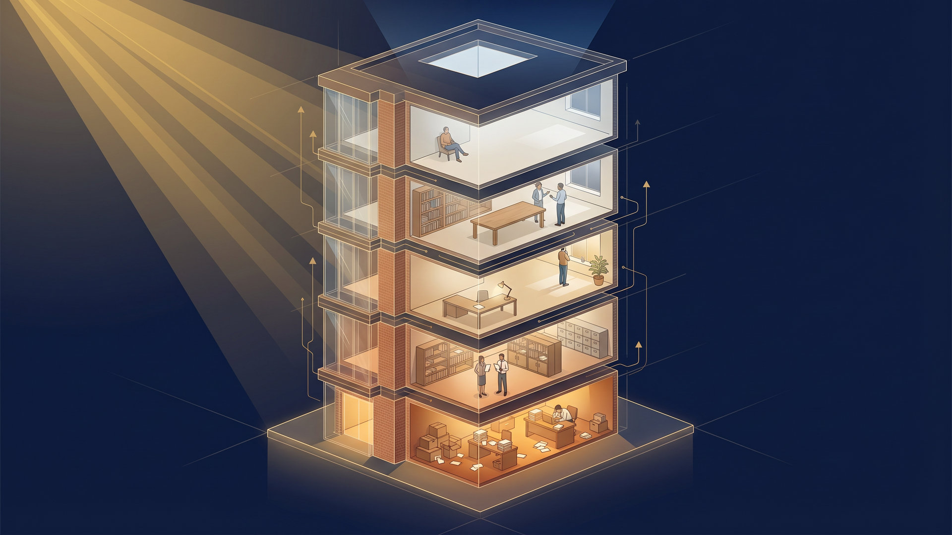 Ilustração de um prédio de cinco andares em corte transversal, representando como as empresas crescem em cinco estágios de maturidade