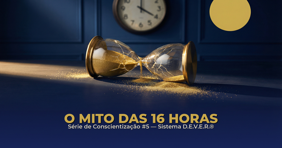 Relógio derretendo sobre mesa de escritório escura — O Mito das 16 Horas — Sistema D.E.V.E.R.®