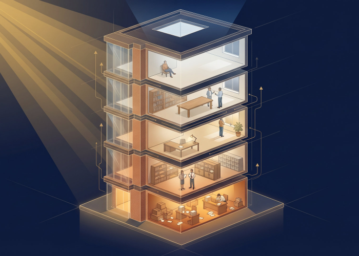 Ilustração de um prédio de cinco andares em corte transversal, representando como as empresas crescem em cinco estágios de maturidade