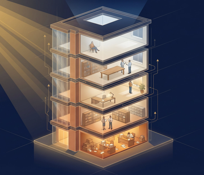 Ilustração de um prédio de cinco andares em corte transversal, representando como as empresas crescem em cinco estágios de maturidade