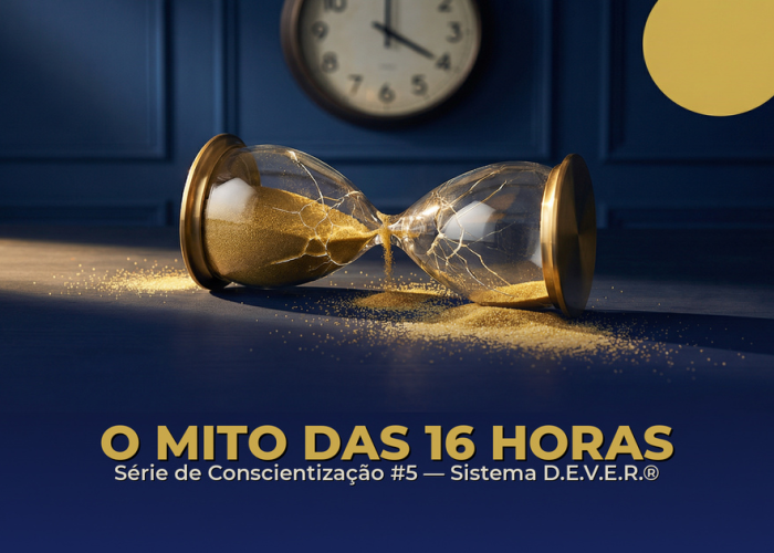 Relógio derretendo sobre mesa de escritório escura — O Mito das 16 Horas — Sistema D.E.V.E.R.®
