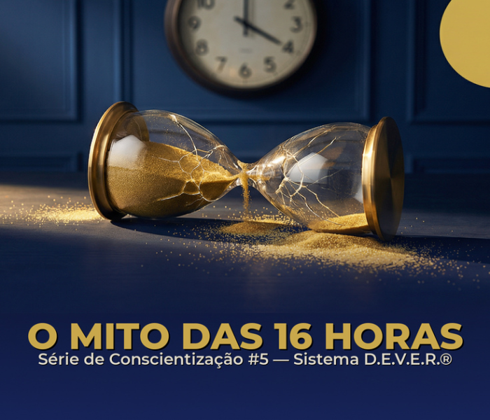Relógio derretendo sobre mesa de escritório escura — O Mito das 16 Horas — Sistema D.E.V.E.R.®